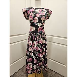 Vtg 80s Robbie Bee Floral Dress Sz 4 Black Pink Rose Prnt Cottagecore Bow Cotton